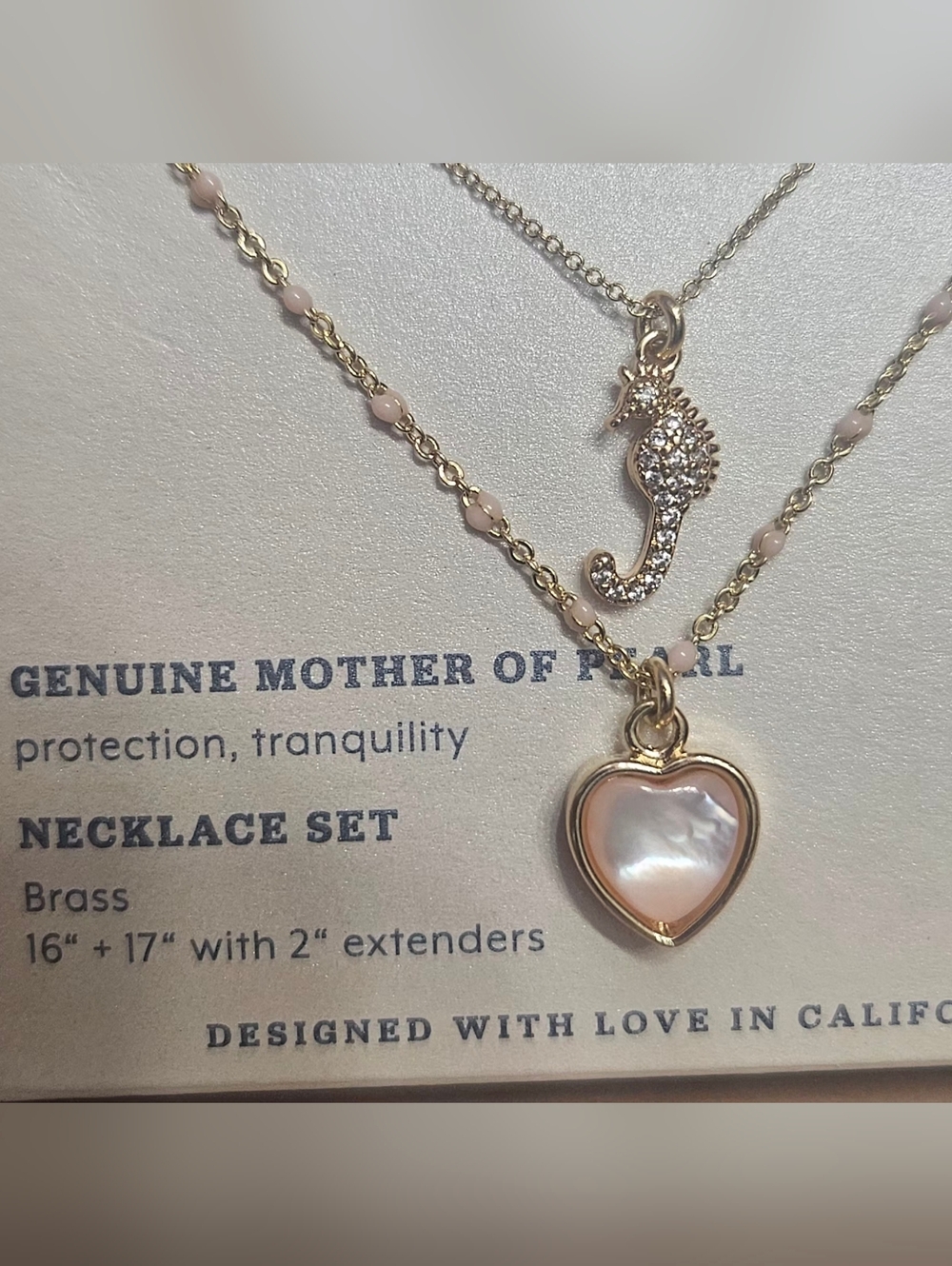 Luna Norte Pink Mother of Pearl Heart & Paved Seahorse Necklace Set - Picture 2 of 5